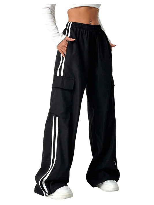 SHENHE Girl's Cargo Pants Wide Leg Side Stripe Baggy Track Pants Workout Athletic Trousers Black 12Y