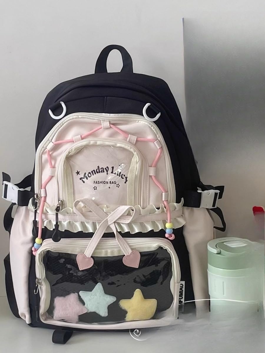 Ita Bag Kawaii Y2K Bookbag Aesthetic Spacious Star Backpack with Bow Pouch for Anime Convention Travel Casual Outing (Black)