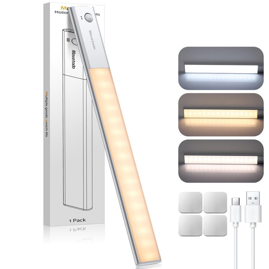 Maxetodo 14in Under-cabinet kitchen light (1 pack) 64-LED sensor light, 3000mAh large rechargeable battery, 3 color adjustable, Wardrobe lights, wall lights, suitable for stairs, corners, and kitchens
