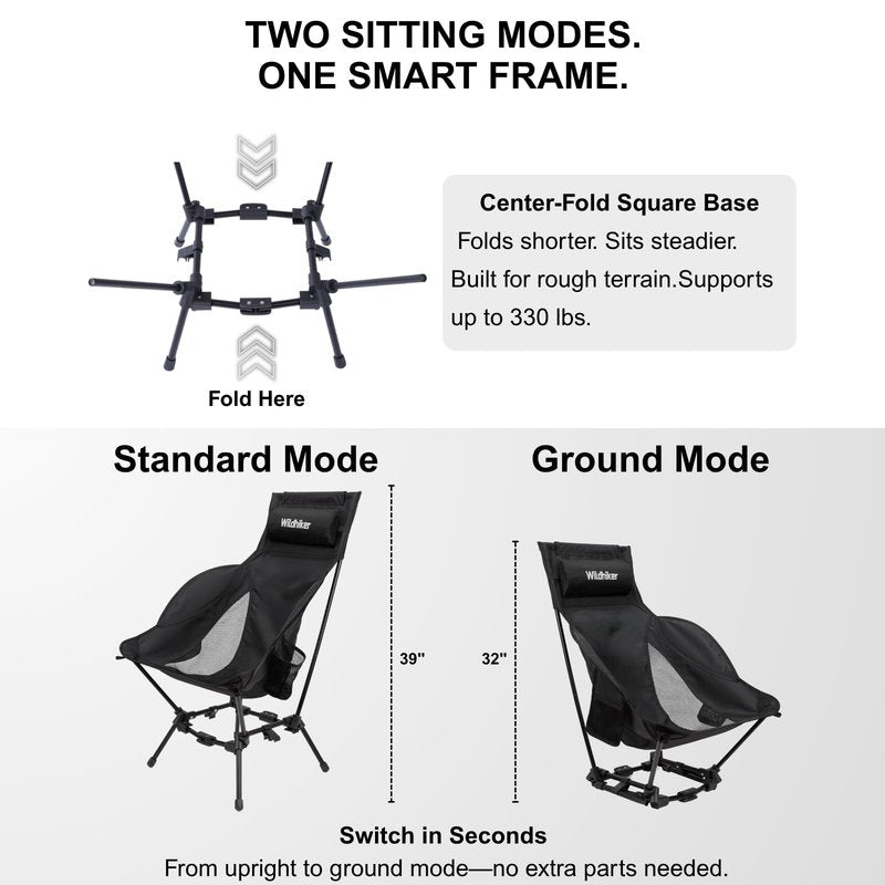 Wildhiker Compact High Back Camping Chair - Foldable with Dual Sitting Modes, Pillow, Arm Pads and Side Pockets - Lightweight Portable Chair for Motorcycle, RV, Festival, Travel - Black