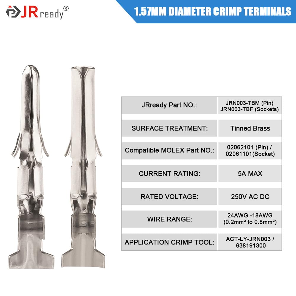 JRready 50 Pairs 1.57mm (Standard.062) Pin and Sockets 18-22 AWG, Compatible with Molex Standard.062 1560 1561 Series Male& Female Crimp Terminals, Adapt Standard.062 Connector Housing, ST6405