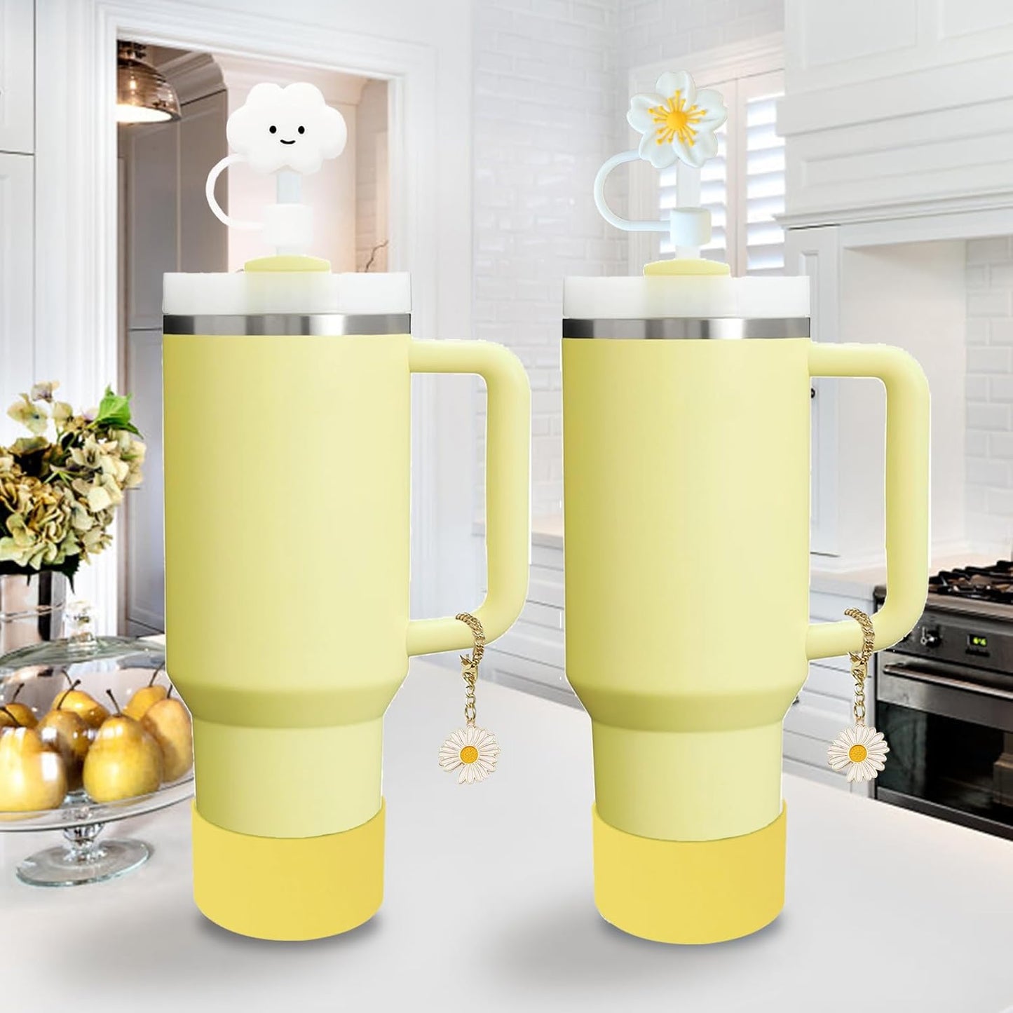 Stanley Cup Accessories Set - 2 Straw Covers, Silicone Stopper & Handle Charm | Fits 30/40 Oz Tumblers (Lemon Yellow)