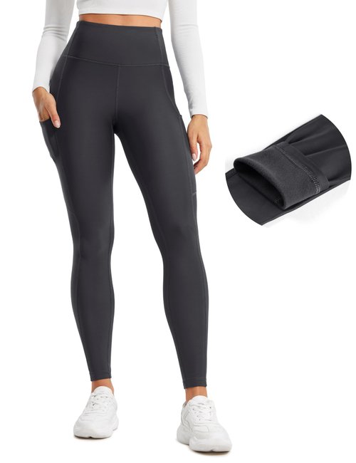 CRZ YOGA Fleece Lined Leggings Pockets 28'' - Thermal Casual Lounge Workout Womens Yoga Full Length Pants Winter Warm Mysterious Grey X-Small