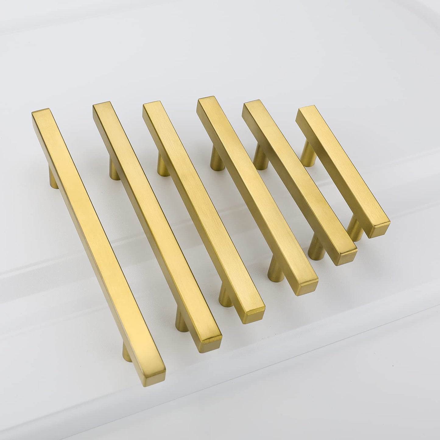 Goldenwarm Gold Cabinet Knobs Kitchen Hardware Drawer Pulls - LS1212GD128 Brushed Brass Cabinet Door Handles 5 Inch Hole Centers T Bar Square Bathroom Cabinet Pulls 30 Pack