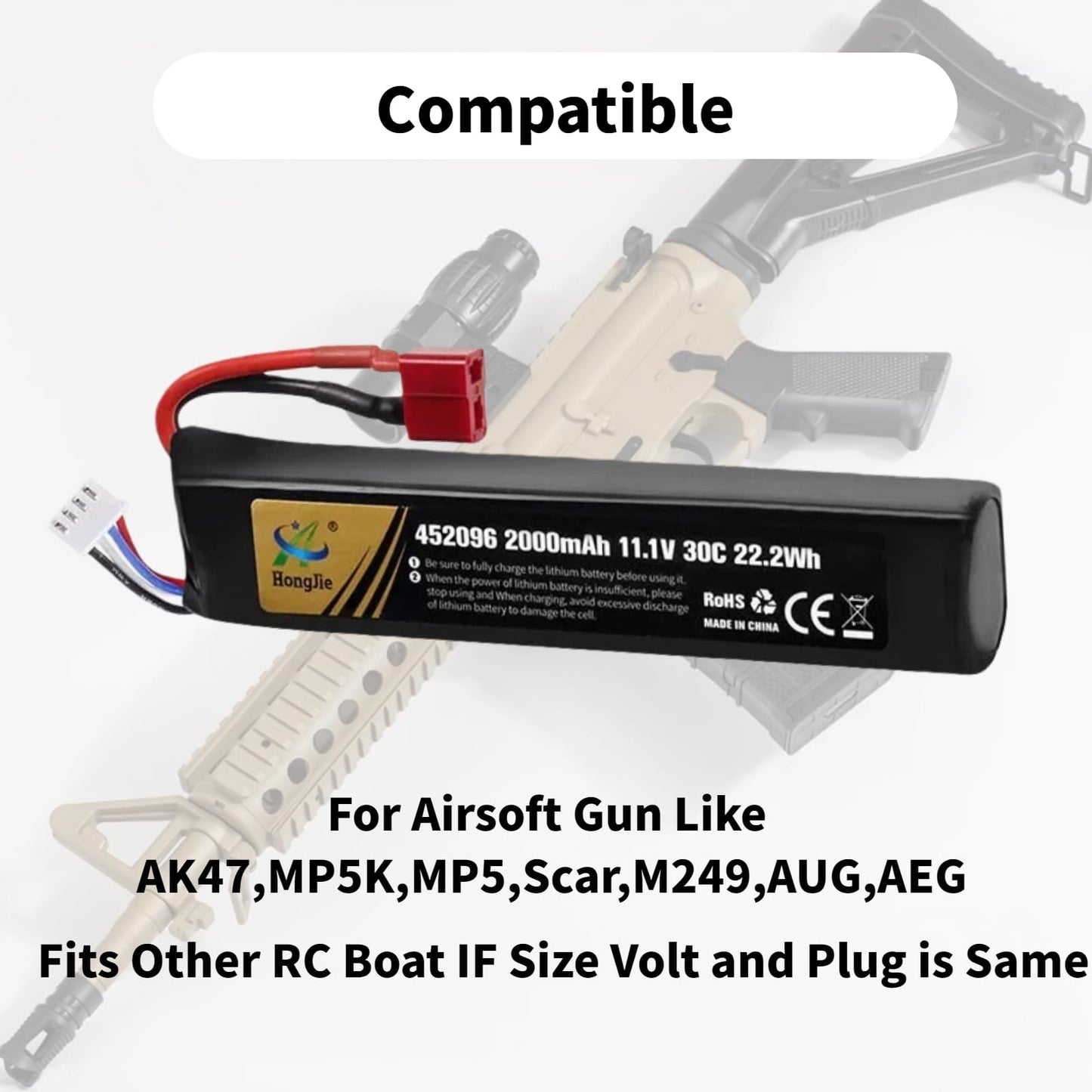 Itexkun 11.1V Airsoft Battery 2000mAh 30C Rechargeable Li-Po T Plug 452096 for Most Airsoft Model Guns Gel Water Bead Blaster with USB Cable (3S 452096)
