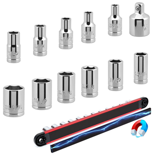 12-Piece 1/4" Drive SAE Standard Socket Set 5/32" to 9/16" with 1-Piece Magnetic Organizer Rail Rack, Premium 6-Point Shallow Socket Assortment Include a 3/8" to 1/4" Adapter