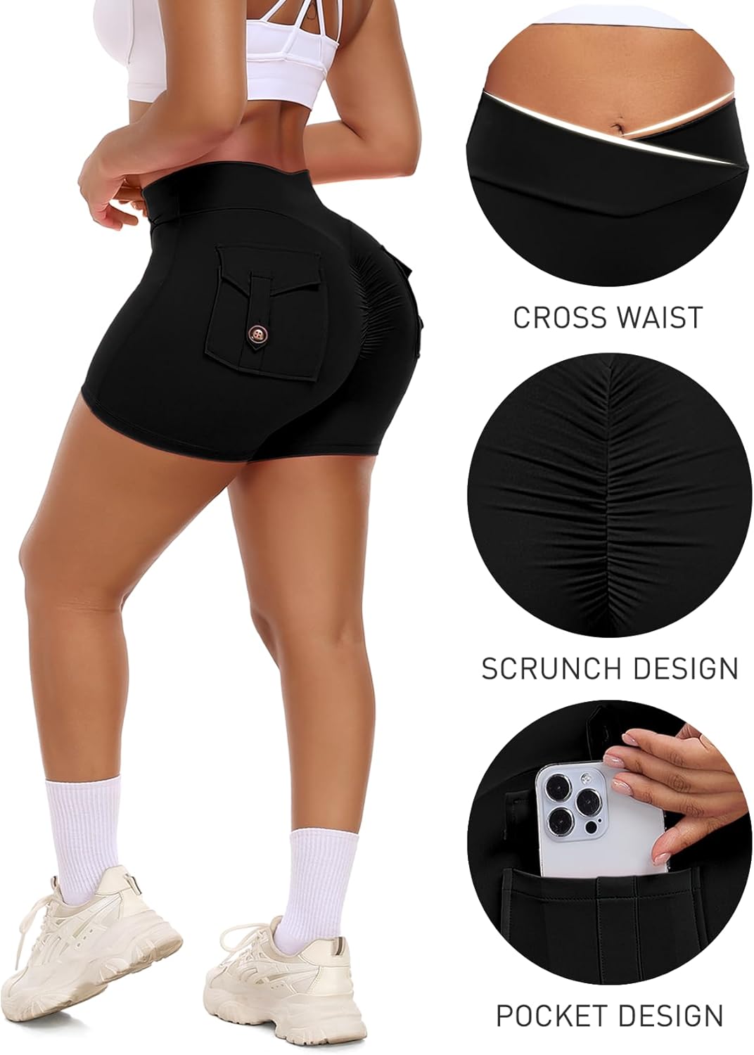 SEASUM Women’s Scrunch Butt Workout Cargo Shorts - V Waist Yoga Booty Lifting | 3"/4.5" Sizes