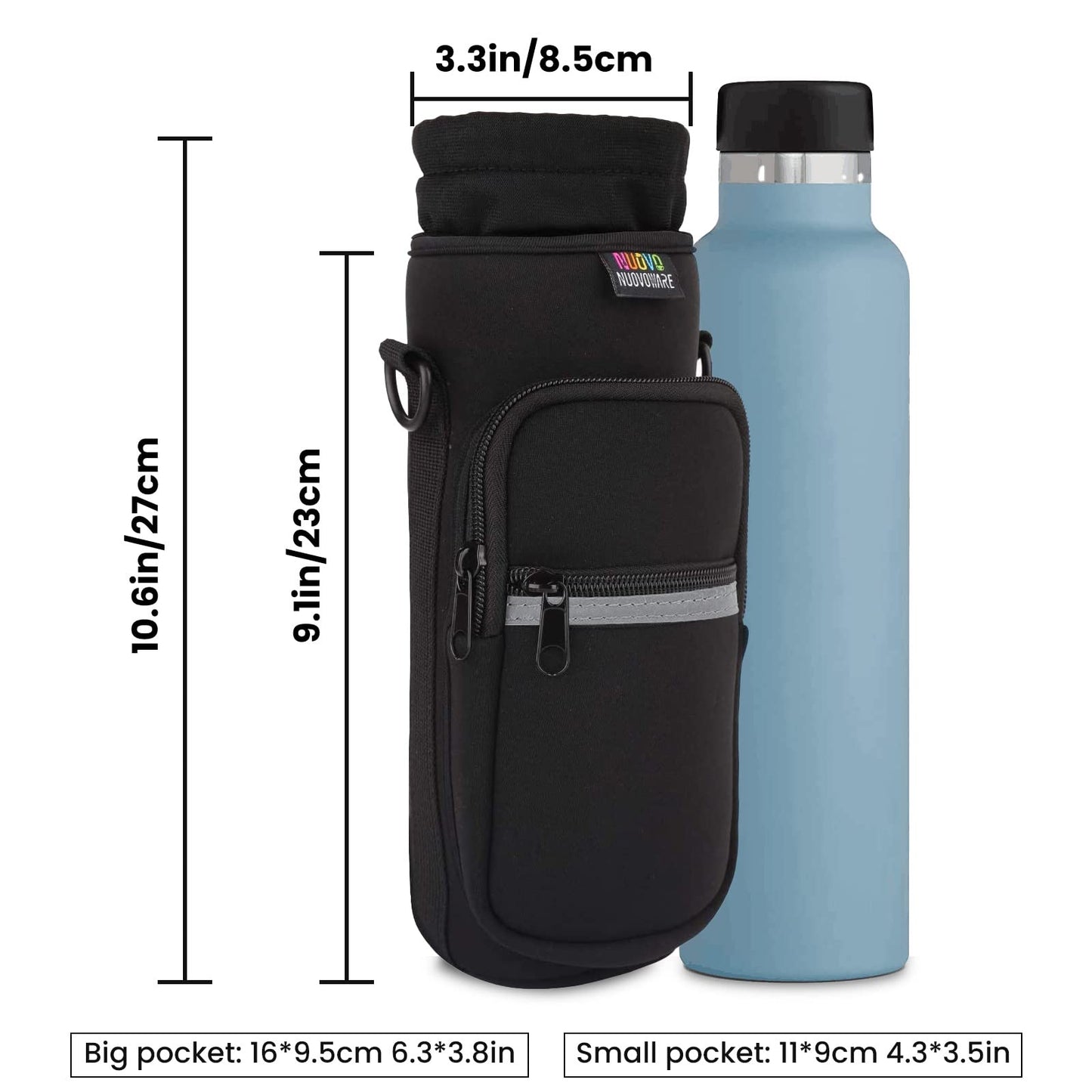 Nuovoware Water Bottle Carrier Bag, 64oz Bottle Pouch Holder, Adjustable Shoulder Hand Strap 2 Pocket Sling Neoprene Sleeve Sports Water Bottle Accessories for Gym Hiking Travel, White Hibiscus