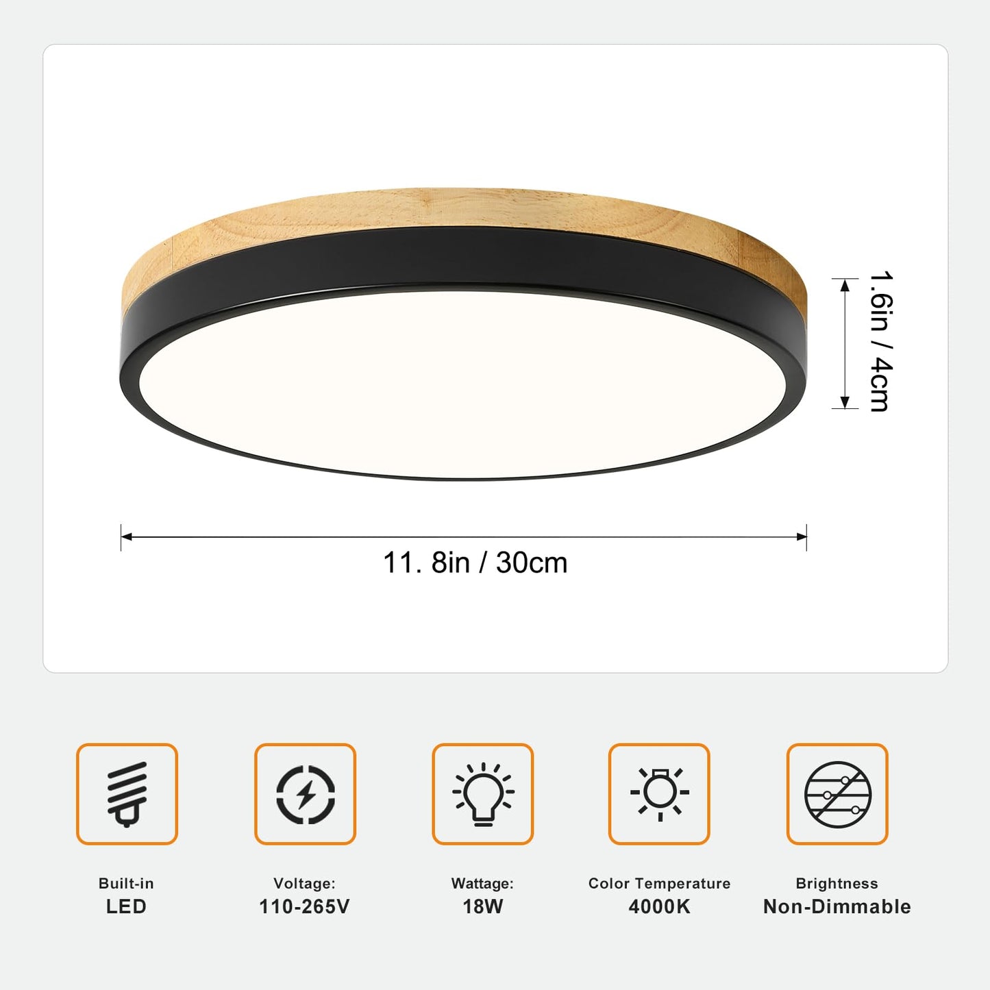 ZUYURT Wood LED Ceiling Light, Modern Black Flush Mount Ceiling Light, Minimalist Close to Ceiling Light Fixture for Bedroom, Hallway, Kitchen, Laundry Room, 11.81in