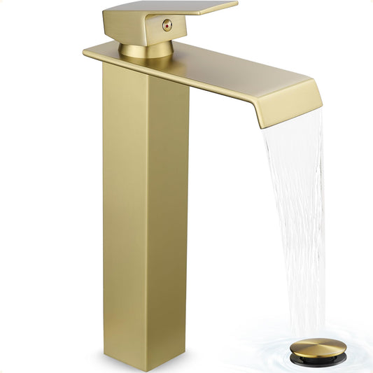 HEYMYTAP Gold Vessel Sink Faucet, Brass Waterfall Tall Faucet for Bathroom Sink 1 Hole with Pop Up Drain and Supply Hoses for Vanity Restroom Modern