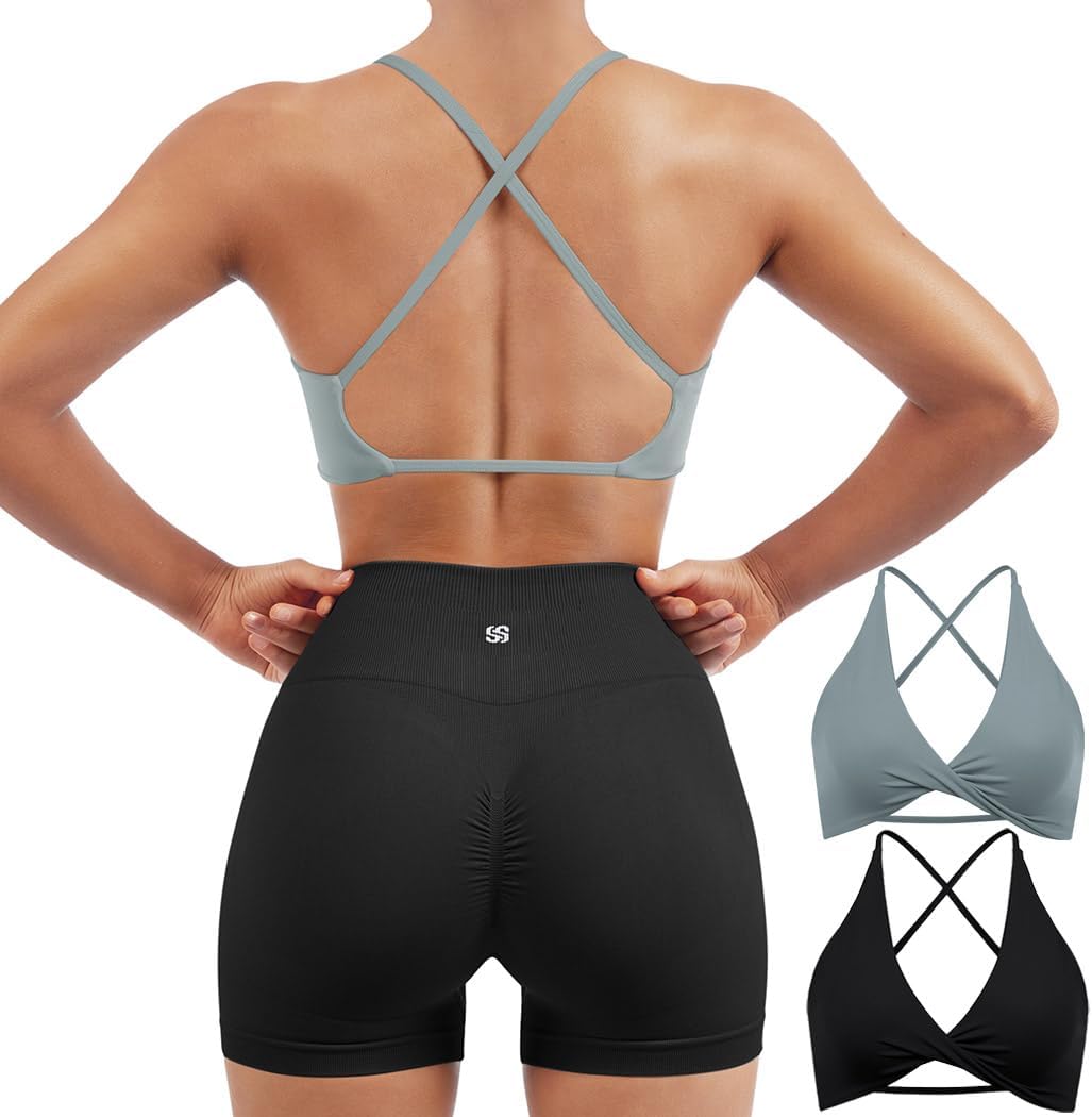 SUUKSESS Women's Strappy Sports Bra Set - Open Back Design with Twist V Neck | Comfortable Workout Crops