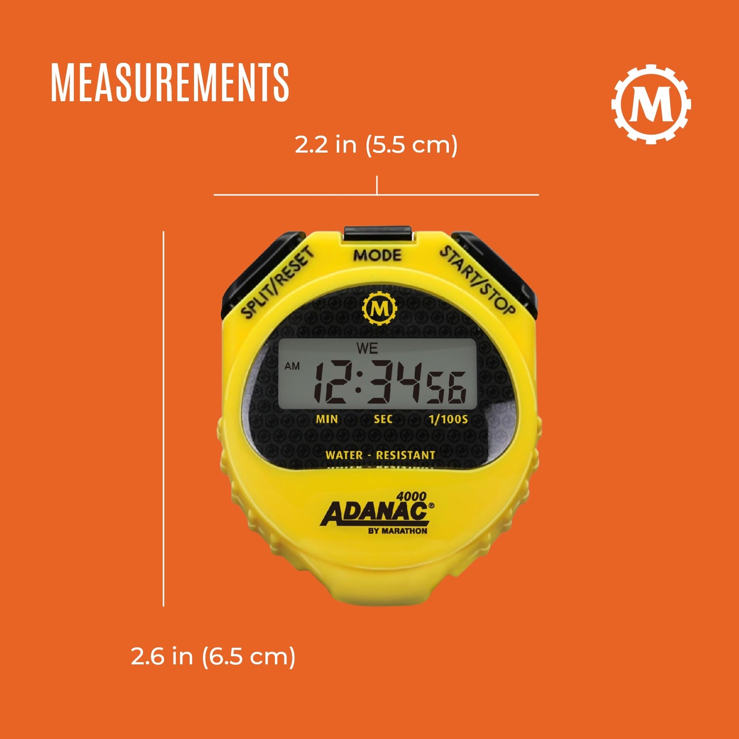 Marathon Adanac 4000 Digital Stopwatch Timer, Yellow - High Precision Accuracy to 1/100th Seconds - Water, Dust & Shock Resistant - 46” Lanyard Included