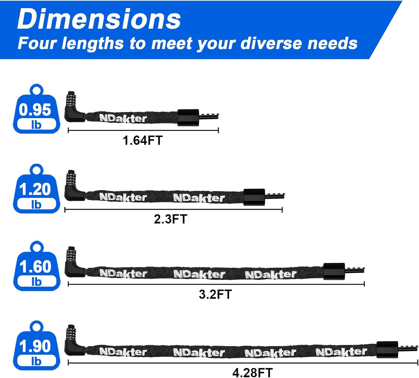 NDakter Heavy-Duty Bike Chain Lock - 4-Digit Combination Security | 1.64 to 4.28 Ft Length for E-Bikes & Scooters