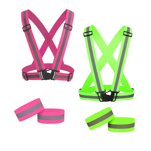UNYNY 2 Pack Large Size Adjustable Running Reflective Vests, High Visibility Safety Reflective Gears and 2 Pack Reflective Gear Wristbands for Night Running, Biking,Hiking,Jogging and Dog Walking