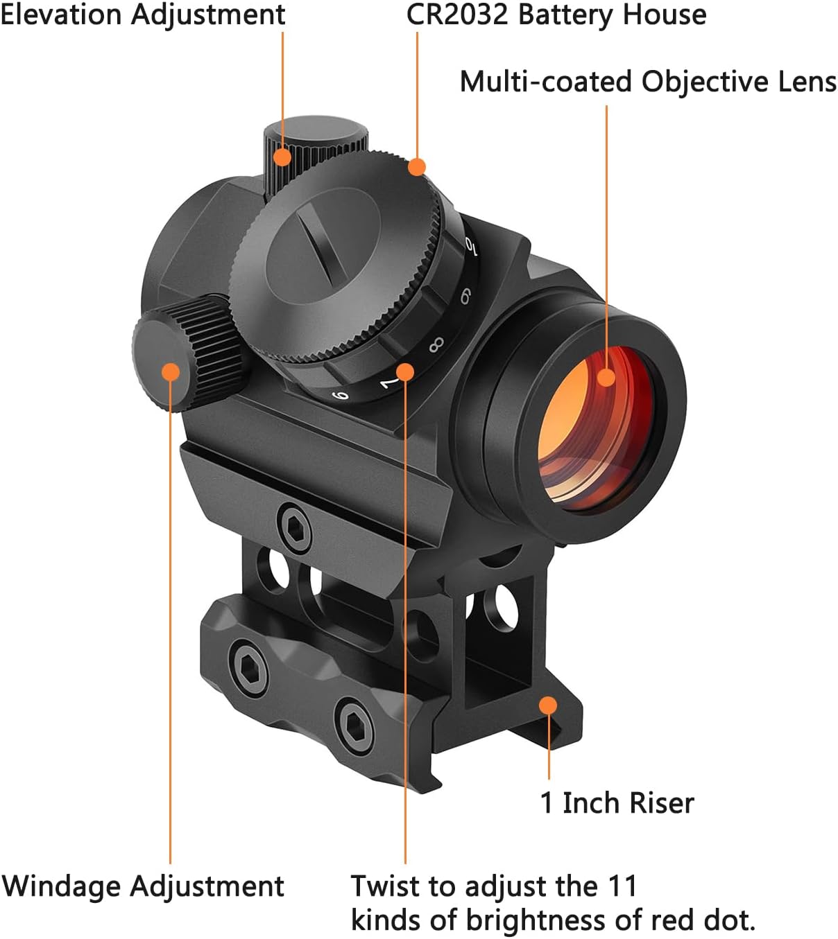 MidTen 2MOA Red Dot Sight - Waterproof & Shockproof Reflex Scope | 1x25mm with 1-Inch Riser Mount