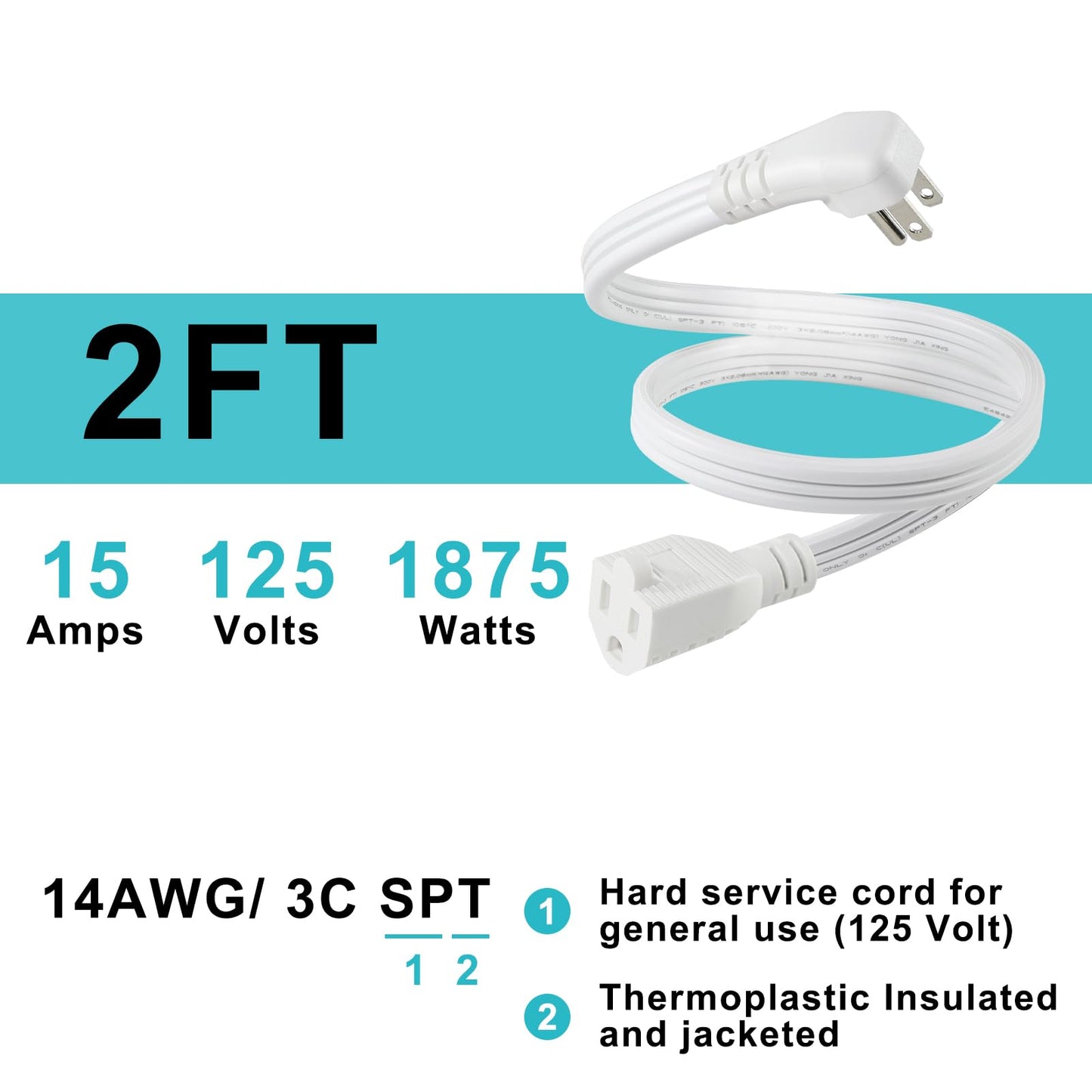 White Flat Wall Plug Extension Cord 2FT- Heavy Duty 3Prong Grounded Low Profile Major Appliance Extension Cord, SPT-3 14AWG Wire Flat Head Male to Female Extender for Air Conditioner, Refrigerator