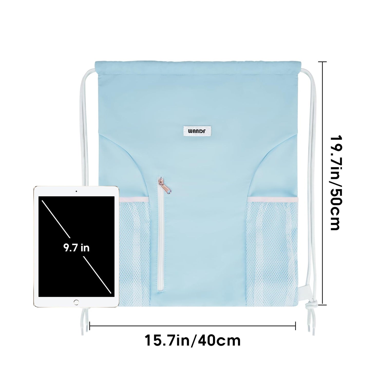 WANDF Drawstring Backpack Sports Gym Sackpack with Mesh Pockets Water Resistant String Bag for Women Men(Light Blue)
