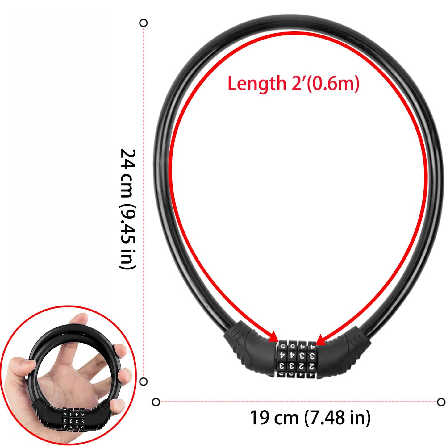 2 PACK Bike Locks Cable,Anti Theft Bicycle Lock Chain,4 Digit Security Resettable Bike Combination Lock Self Coiling Combination Cable Combo Bike Locks Without Mounting Bracket,2 Feetx1/2 Inch (Black)