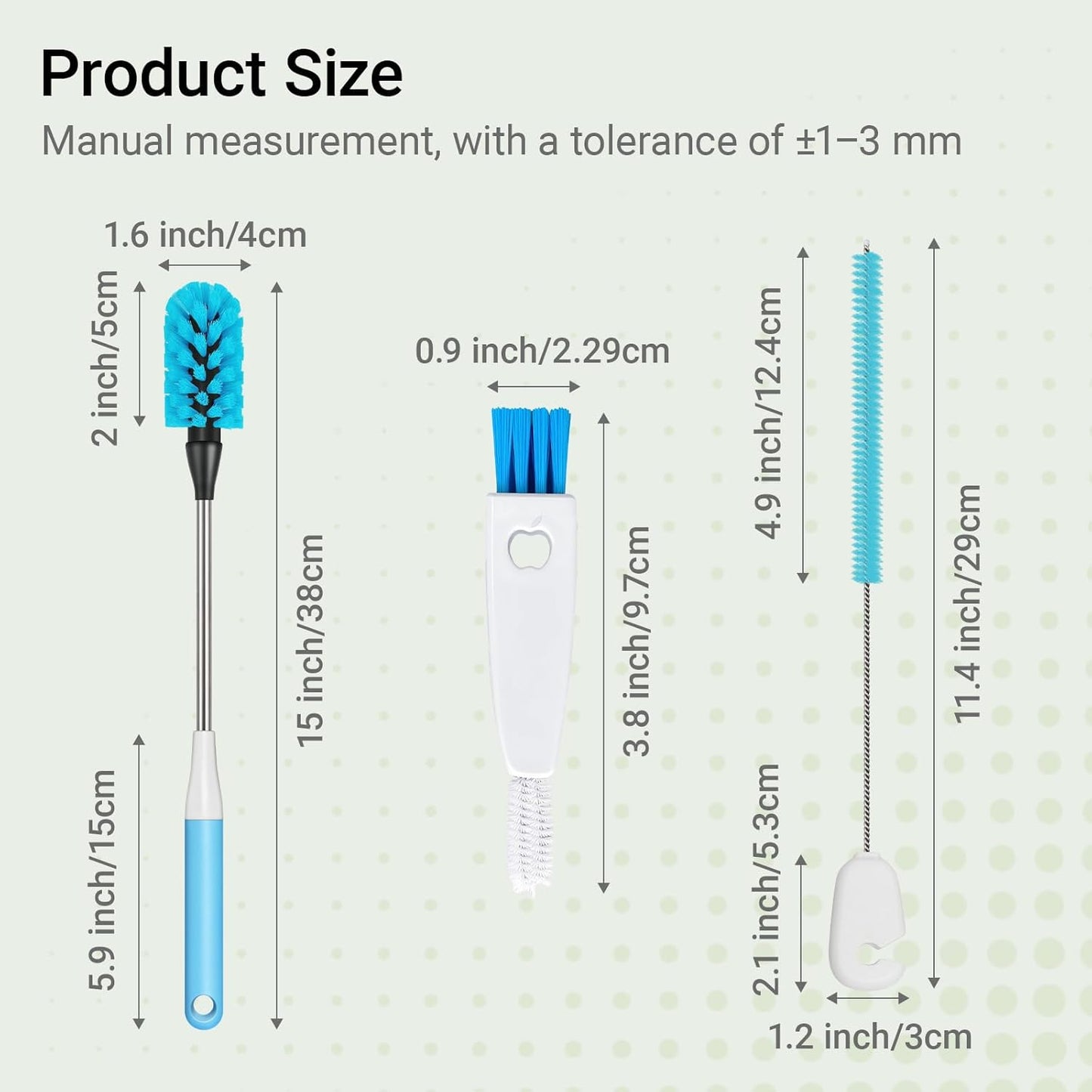 Skiennix 3-in-1 Bottle Brush - 15-Inch Long Handle for Easy Cleaning of Wine Glasses, Tumblers & More