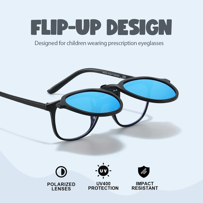 Trysee 2Pack Clip on Sunglasses Over Prescription Glasses for Boys Girls Polarized Flip Up TS-CO-8801