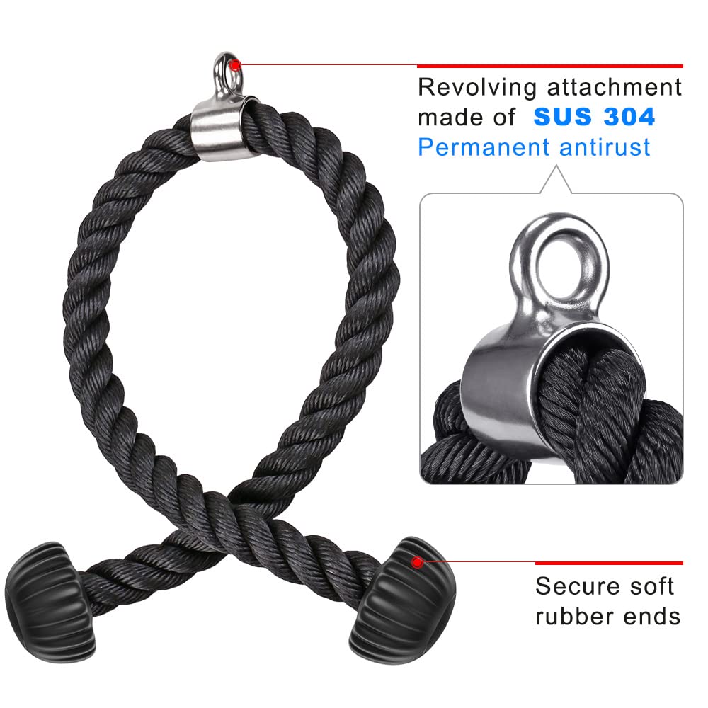 Kipika Set of 2 Tricep Rope, 28 & 36 Inch, Cable Machine Attachments Pulley System Gym Pull Down Rope, Heavy Duty Nylon Rope with Soft Rubber Ends, Black
