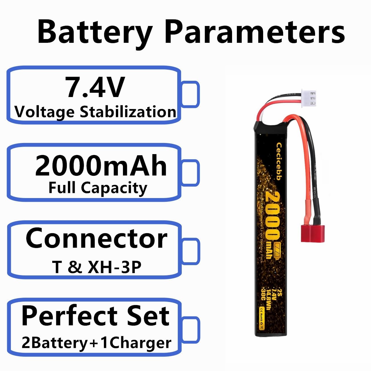 Cecicebb Airsoft Battery 7.4V 2000mAh 30C with T Plug for Airsoft Model Guns Rechargeable 2S Lipo Battery 2 Pack with 7.4V USB Charger Cable