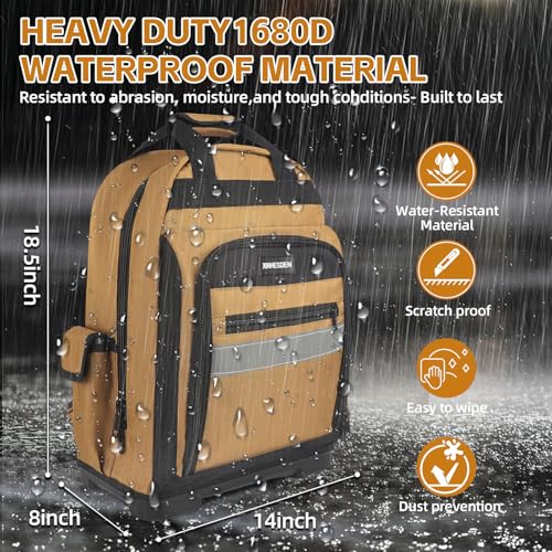 Tool Bag Backpack, Heavy Duty Tool Backpack Bag with Waterproof Molded Base, Electrician Work Pack for Hand Tools, Multi Pockets Tool Storage Organizer for Contractor, Plumbers, HVAC Techs