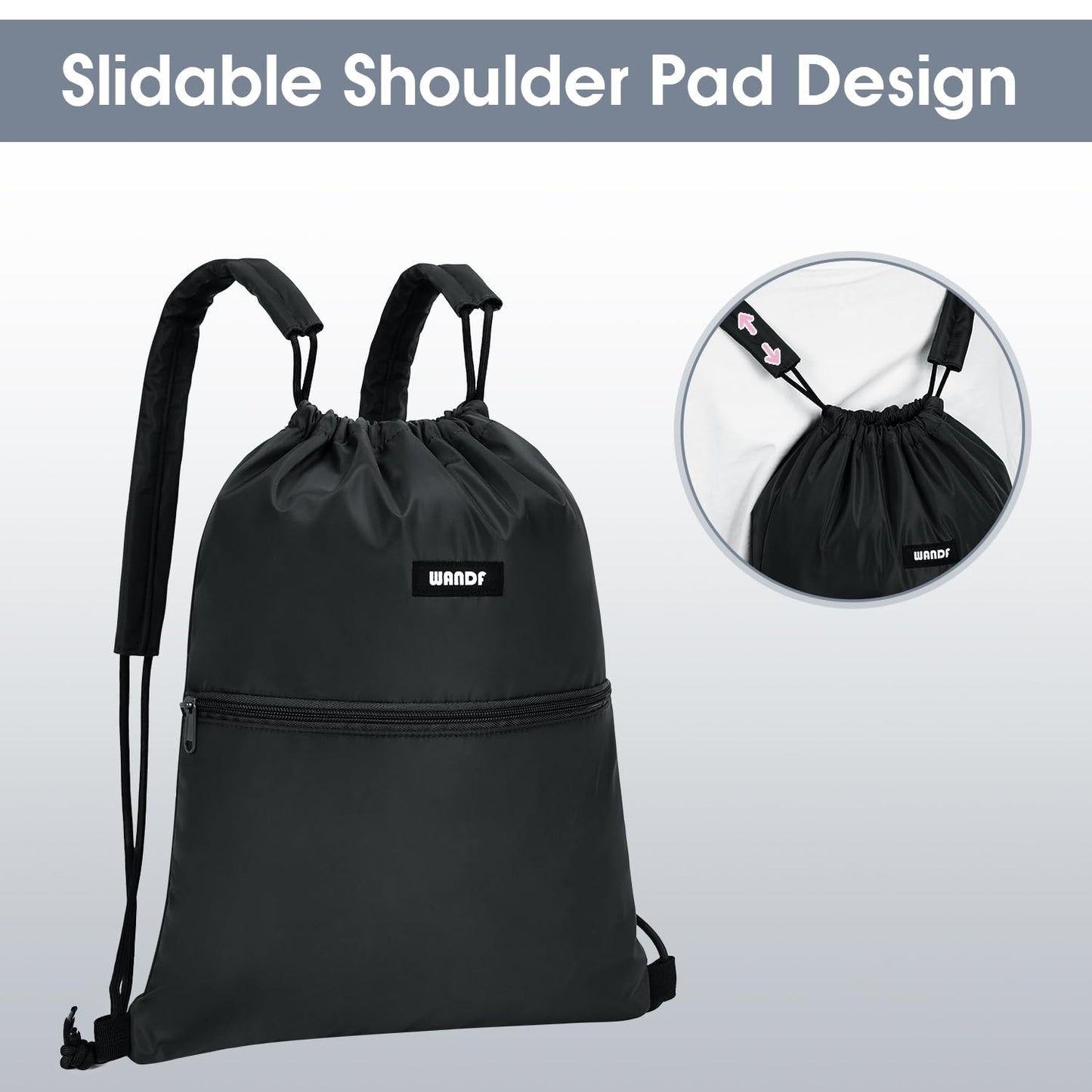 WANDF Drawstring Backpack Sports Gym Bag with Shoulder Pads Water Resistant String Bag Cinch Bag for Women Men (Black)