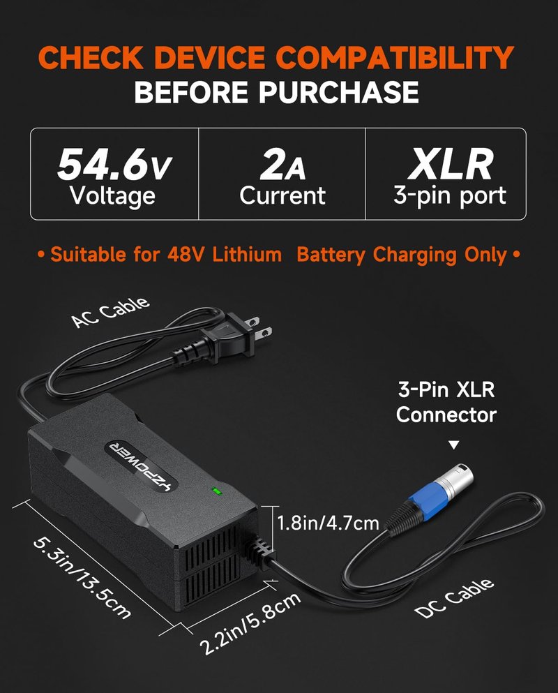 YZPOWER 54.6V 2A Electric Bike Charger, 48V Lithium Battery Charger with Turbo Cooling Fan & Overheat Protection | Fast Charging Power Adapter for E-Bike/Scooter | 3-Pin XLR Connector