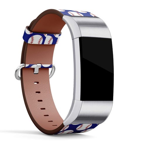 Compatible with Fitbit Charge 2 - Leather Watch Wrist Band Strap Bracelet with Stainless Steel Clasp and Adapters (Baseball)