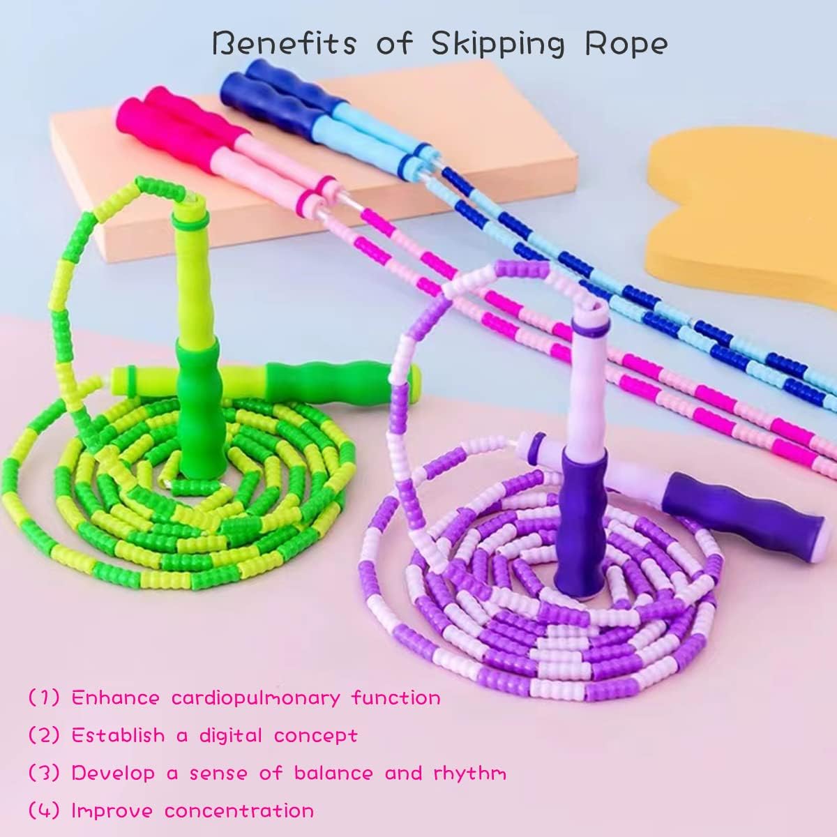Soft Beaded Jump Rope for Kids | Adjustable Tangle-Free Skipping Rope - 9.2Ft for Exercise & Fitness