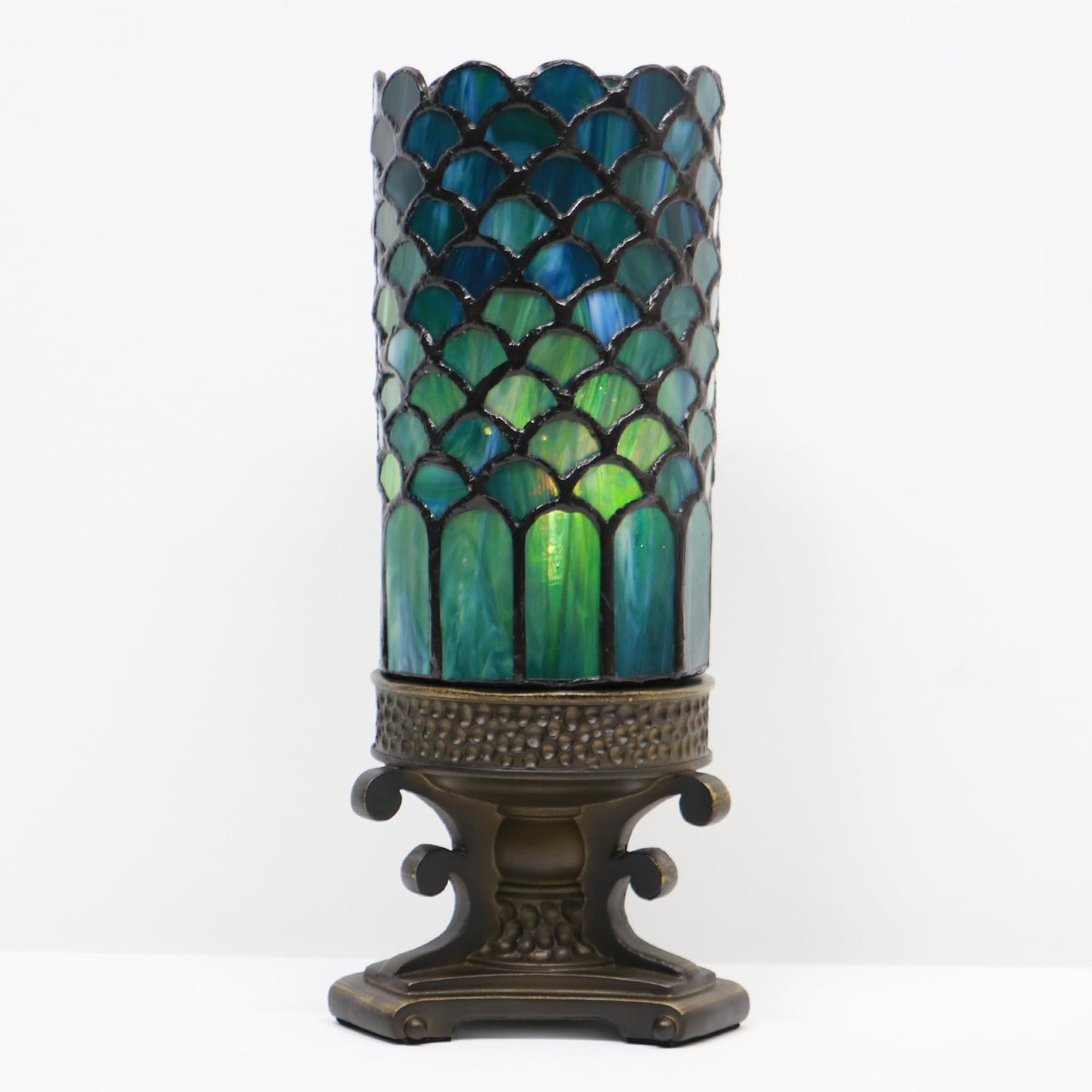 LXHCYOU Small Tiffany Lamp Mini Stained Glass Table Lamp Candle Desk Night Light Bronze Resin Base 4" D x 4" W x 10.5" H (Fishscale Style)