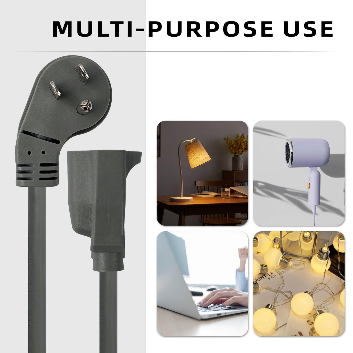 EP 2 Pack 3 Ft Flat Plug Extension Cord, 16 AWG 3 Prong Grounded Grey Low Profile Extension Cable for Indoor