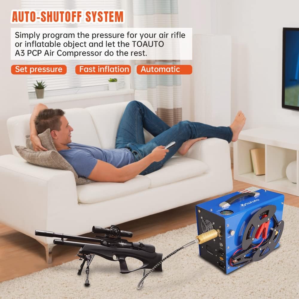 TOAUTO A3 PCP Air Compressor - Portable Vertical Design, Auto-Stop, 4500 PSI, 8MM Quick Connector | 110V AC & 12V Battery Compatible