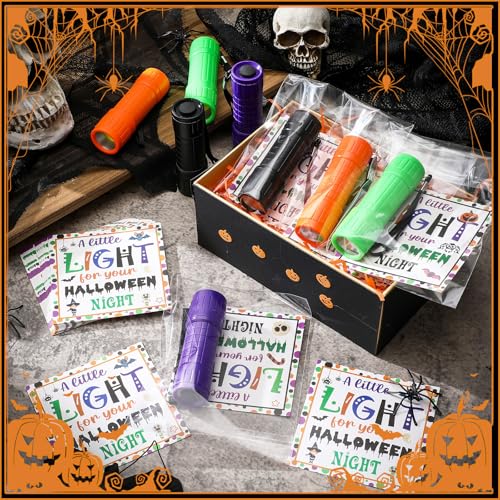 Flutesan 24 Sets Halloween Gifts Bulk Flashlights Set with a Little Light for Halloween Night Cards 9 LED Handheld Lights with OPP Bag for Trick or Treat Party Favors