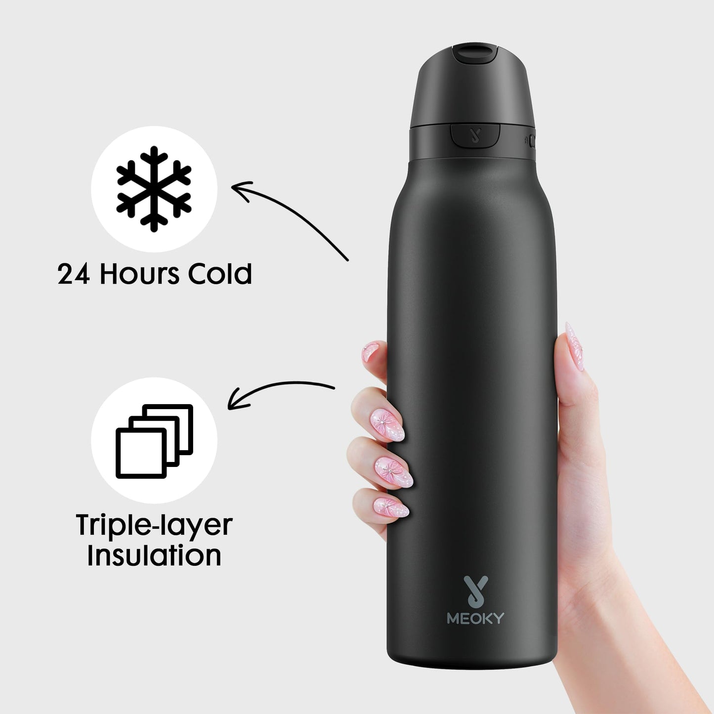 Meoky 24 oz Slim Insulated Water Bottle: 2-in-1 Locking Lid, Night