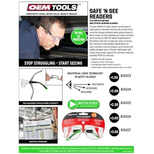 OEMTOOLS 26026 Safety Glasses with Readers +3.00s, UV Protection Z87 Safety Glasses, Anti-Scratch, High Definition Multi-focal Technology, High Impact Lenses, Flexible Rubber Earpieces