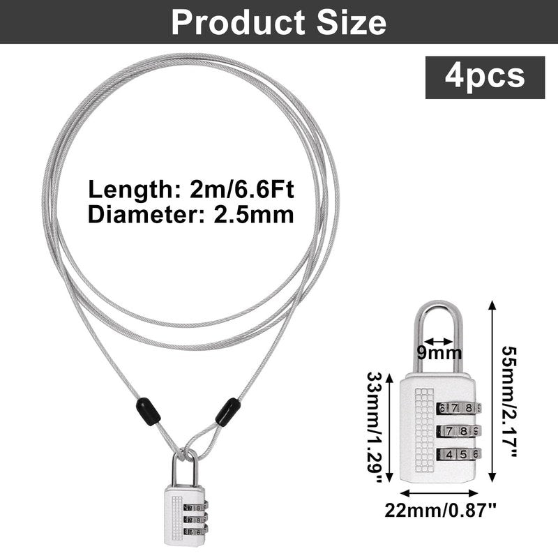 ZHMEINA 4PCS 6.6Ft Silver Long Security Cable Lock, 2.5mm Security Cables with Loops Double Loops Steel Bike Lock Cable Long Cables Locks Wire for Outdoor Clothesline Luggage
