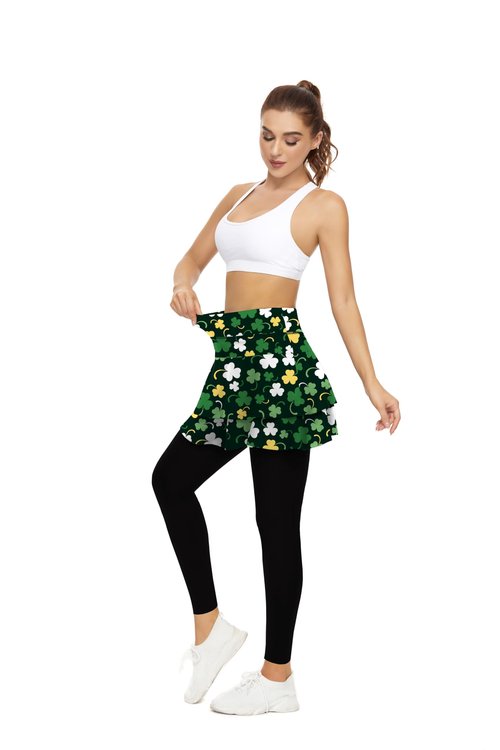 Tennis Skirted Leggings with Pockets for Women Golf Skapri Leggings with Skirt (M, 2-Layer St-Patricks Day)