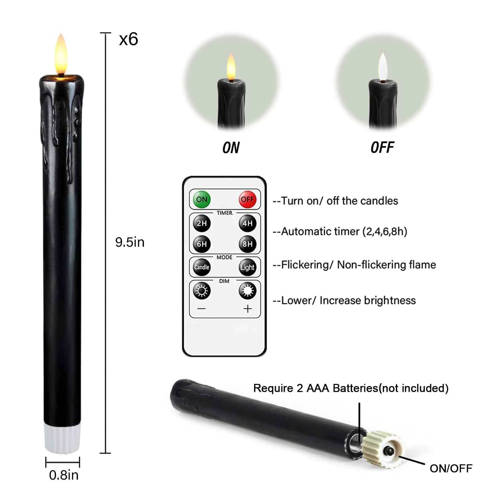 Lezonic Black Flameless Taper Candles Battery Operated with Remote, Long LED Candlesticks Flickering Real Wax Set of 6, 9.5 inch Battery Candles with Realistic 3D Flame for Halloween