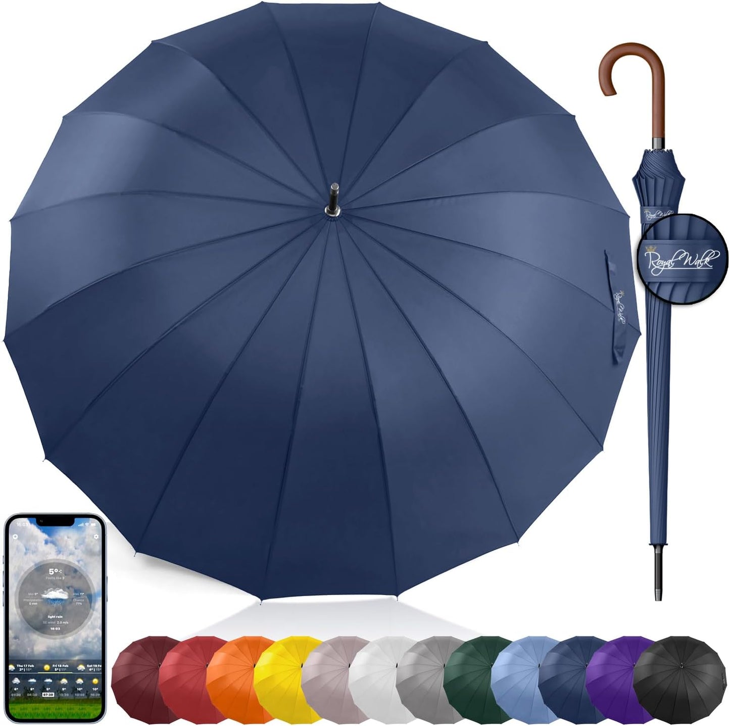 Royal Walk Large Windproof Umbrella for 2 - Navy Blue, 54 Inch, Auto Open, Wooden Handle