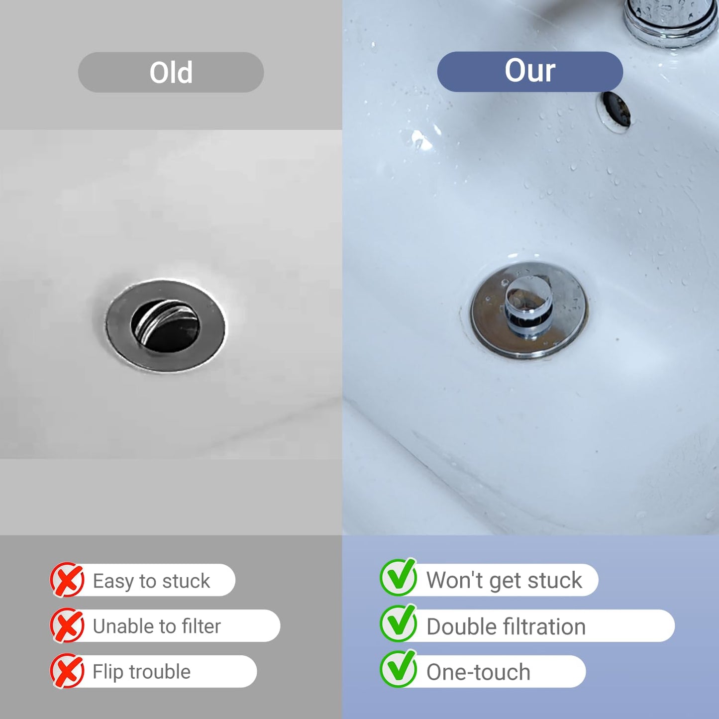 2 Pack Pop-Up Sink Stopper, Hair Catcher Drain Strainer with Copper Core, Universal Bathroom Sink Drain Plug for 1.06“-1.50“, Leak-Proof & Easy Installation