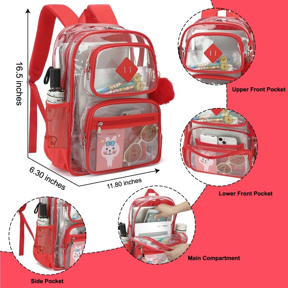 Skiennix Heavy Duty Clear Backpack - Durable Transparent School Bookbag for Kids | Red