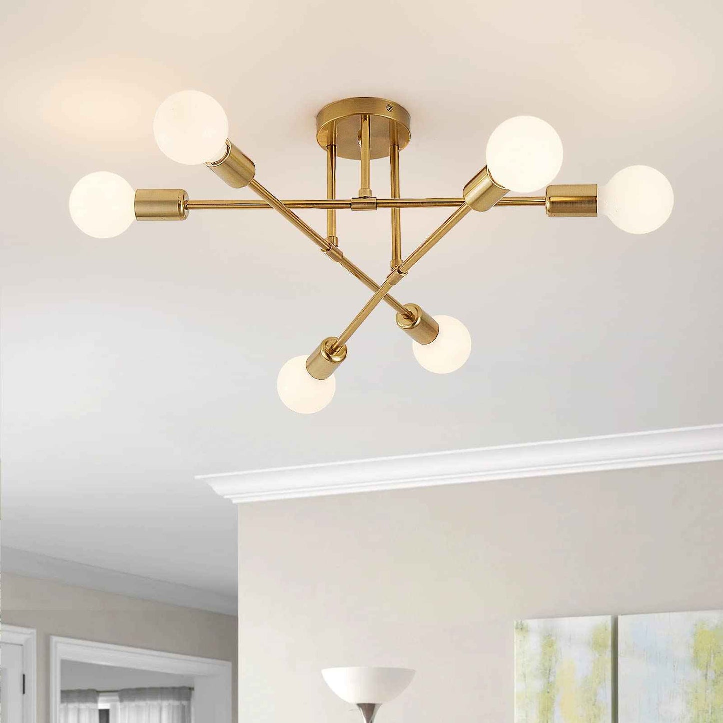 YXTH Semi Flush Mount Ceiling Light Fixture, 6 Lights Modern Sputnik Chandelier Ceiling Lamp with E26 Bulb Base, Light Fixtures Ceiling Mount for Bedroom Kitchen Living Room Hallway (Gold)