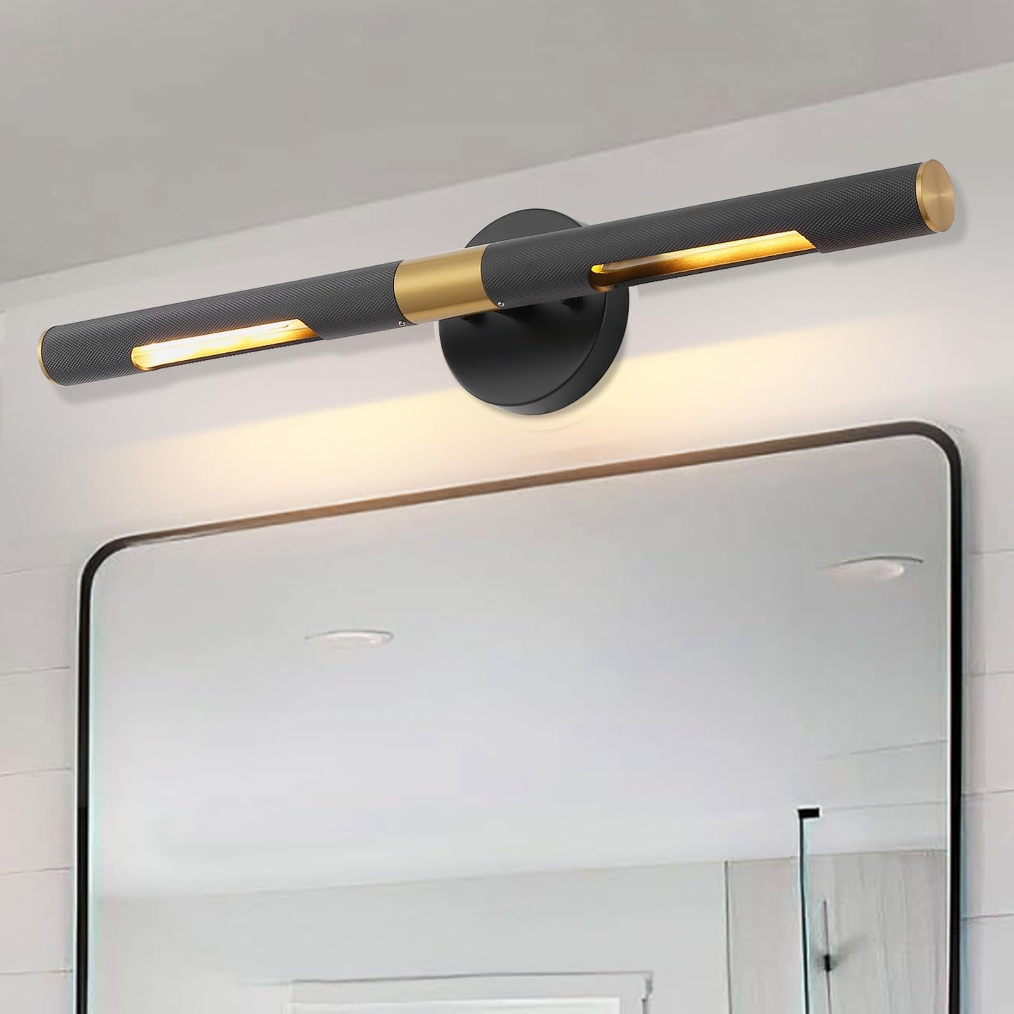 BAODEN Modern Picture Light 24 inches Brushed Brass Gold Black Wall Sconce with Knurled Texture Cylinder Metal Shades Rotatable 360°Indoor Wall Lighting Fixture for Bathroom Vanity Lights Bedroom