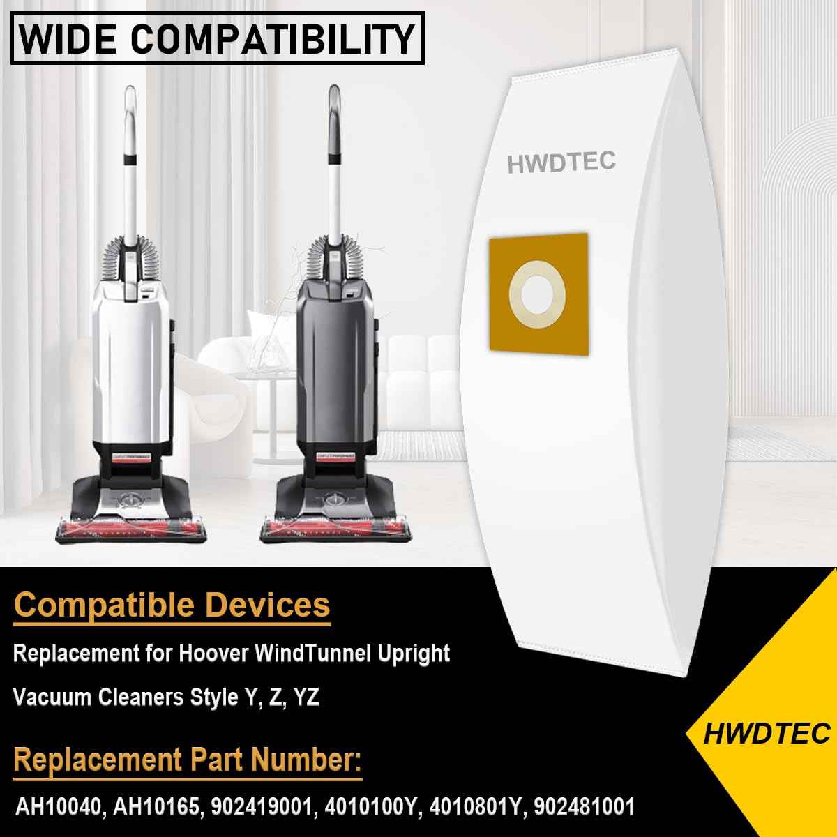 HWDTEC 6 Pack Type Y HEPA Vacuum Bags for Hoover Style Y, Z, YZ WindTunnel Upright Vacuum Cleaners, Replacement Part 4010100Y, AH10040, 902481001, 4010801Y, AH10165