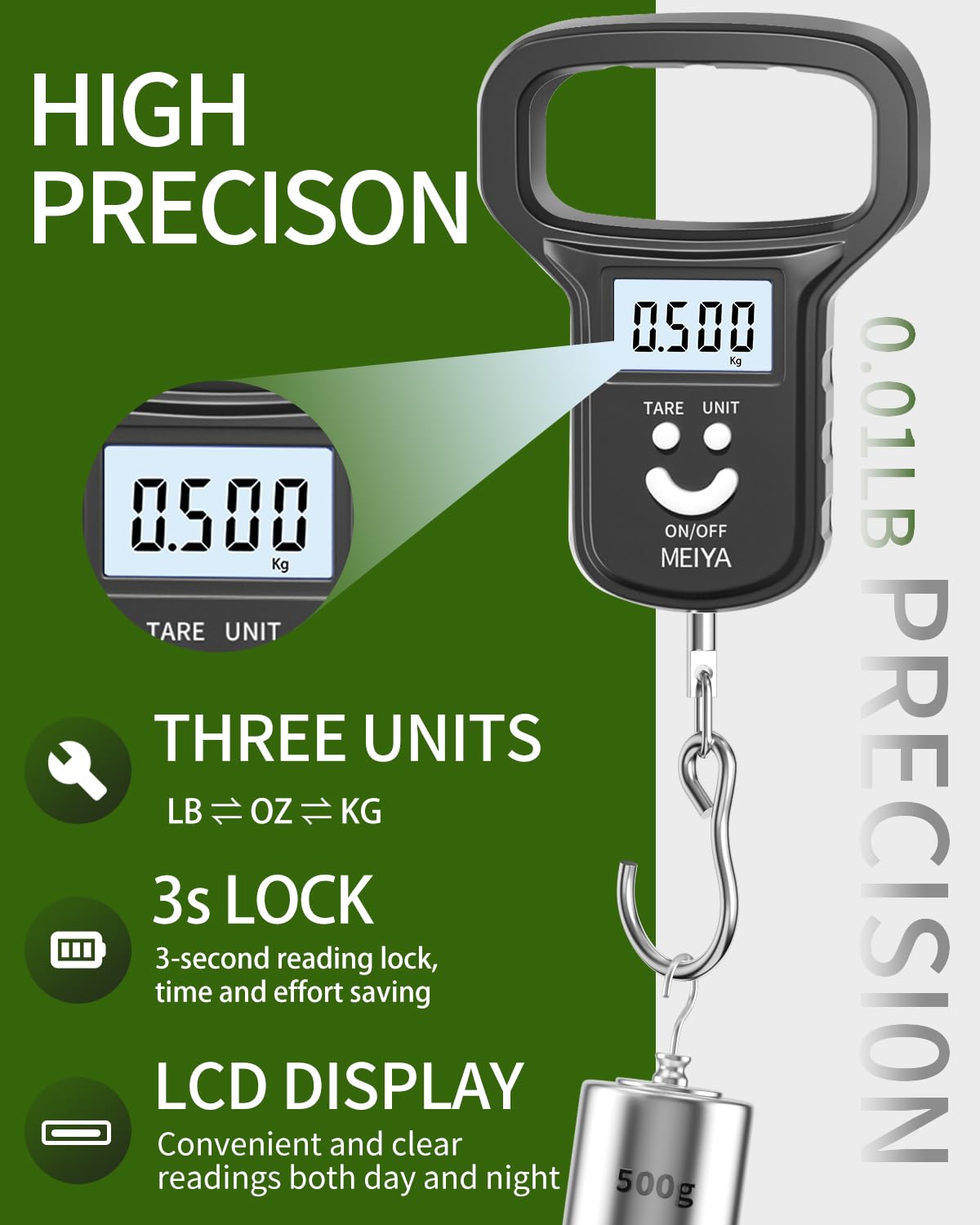 MEIYA Fishing Scale - Dual Power Rechargeable with Backlit LCD Display & Extra Wide Handle | Black