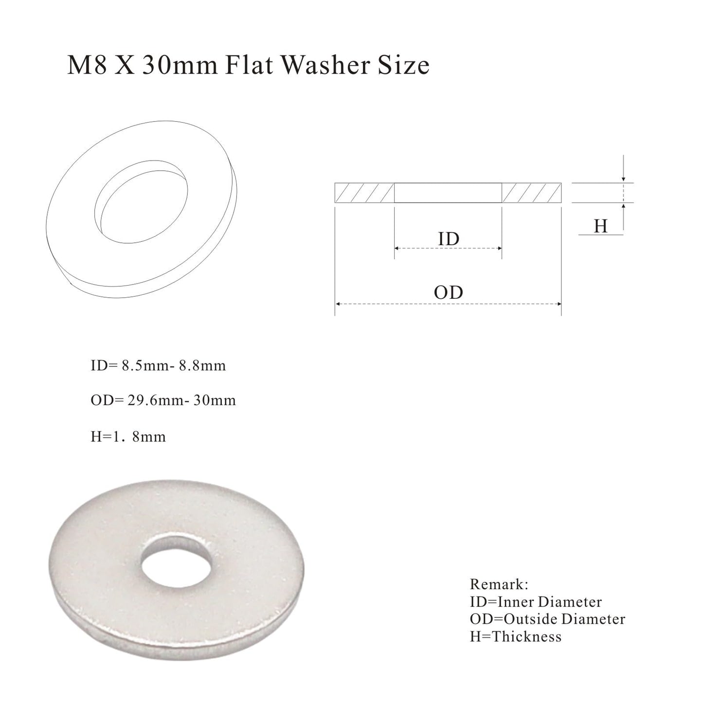 M8 x 30mm Flat Washer, 304 Stainless Steel Washers Flat, M8 Washers Flat OD 30mm | Thickness 1.8mm; 30Pcs