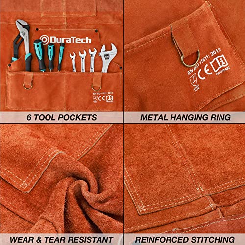 DURATECH Leather Welding Apron, Heat Flame Resistant, 23" x 36" Heavy Duty Work Apron with 6 Tool Pockets, 100% Cowhide Leather