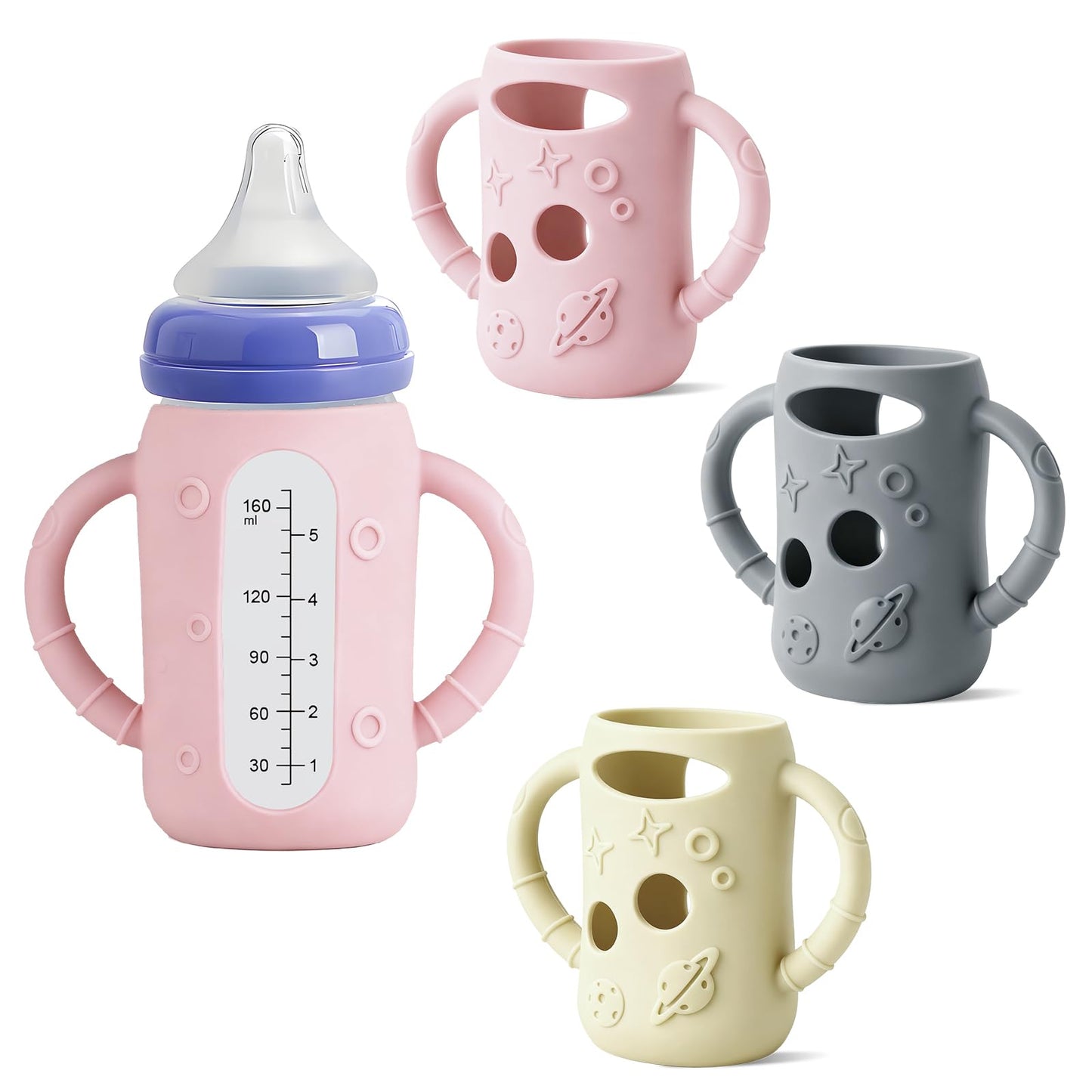 Lionpower 3 Pack Silicone Sleeves for Lansinoh Glass Bottles (Old Style)8oz – Protective Covers with Handle, Non-Slip Baby Bottle Holder, Compatible with Lansinoh Bottles (Grey+Pink+Beige(8OZ))